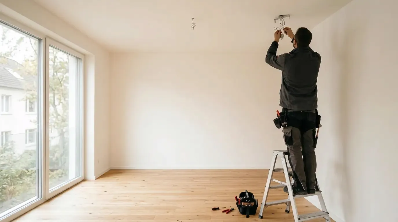 Elektryk na drabinie montuje oprawę oświetleniową pod sufitem